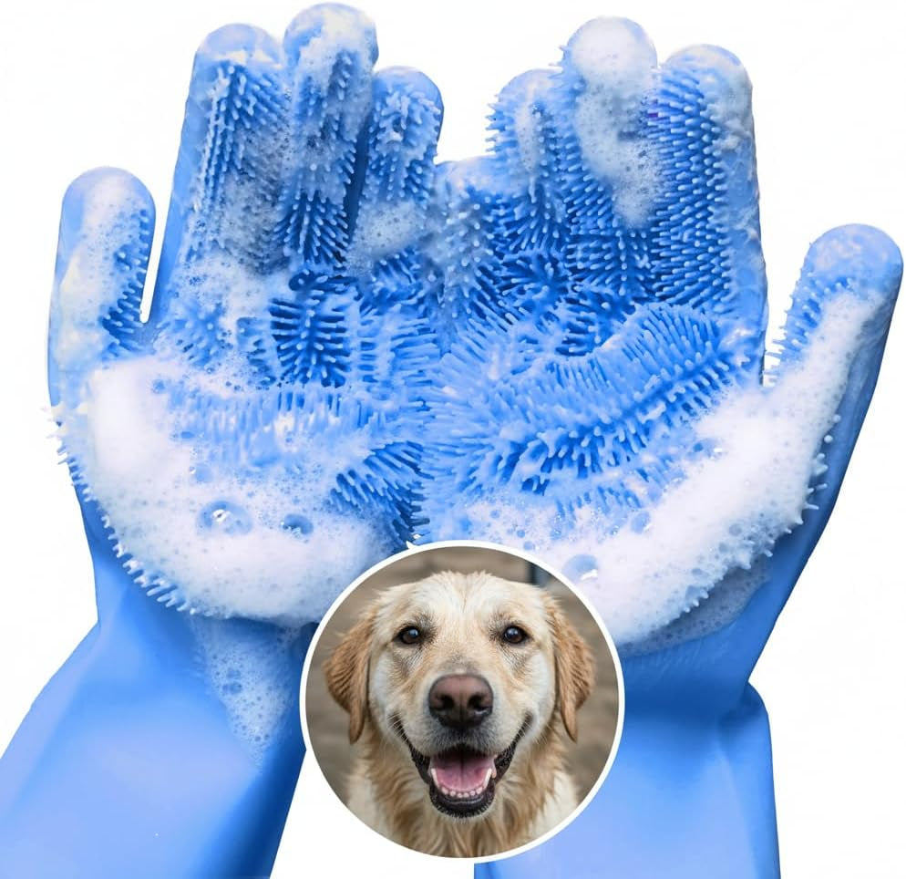 Cat and Dog Shampoo Gloves with 3000 Soft Bristles – 2-In-1 Dog Bath Gloves 11.6", Durable Silicone, Saves Shampoo | Massage, Grooming & Clean Wet or Dry – Made for Every Breed and Coat Style (Blue)
