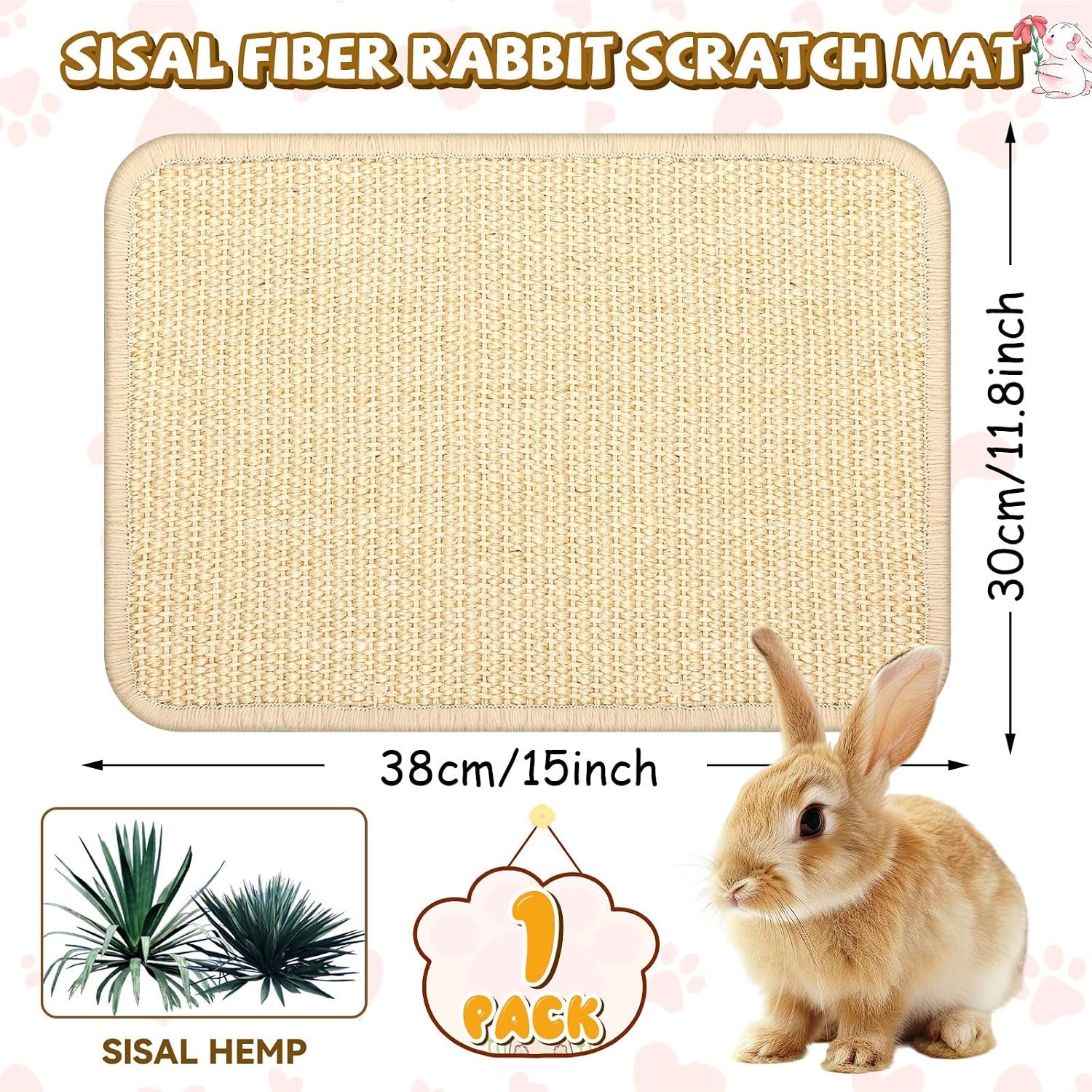 Rabbit Scratch Mat, Sisal Rabbit Scratching Pad Natural Bunny Scratching Pad Claws and Teeth Care Rabbit Mats (Beige, 15X11.8 Inche, 1)