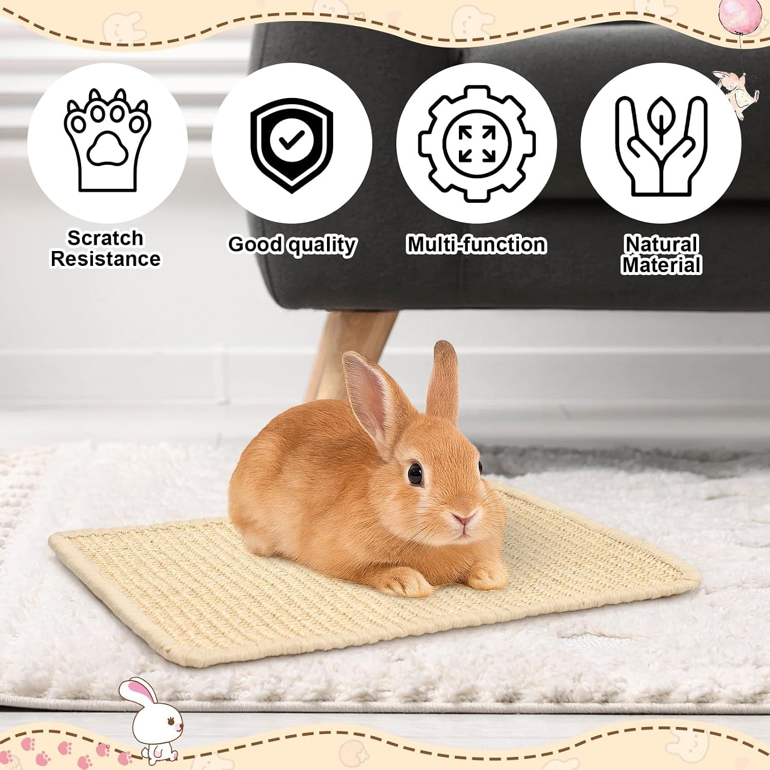 Rabbit Scratch Mat, Sisal Rabbit Scratching Pad Natural Bunny Scratching Pad Claws and Teeth Care Rabbit Mats (Beige, 15X11.8 Inche, 1)